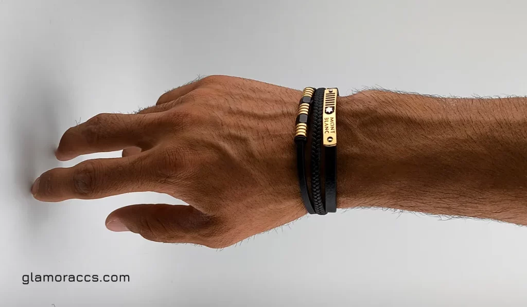 golden mont blanc plaque Leather bracelet for men