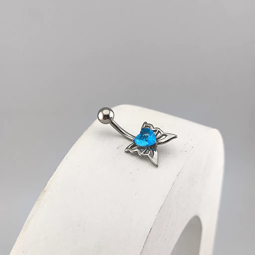 پیرسینگ ناف پروانه نگین قلب آبی