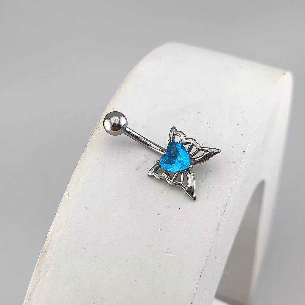 پیرسینگ ناف پروانه نگین قلب آبی - Image 2